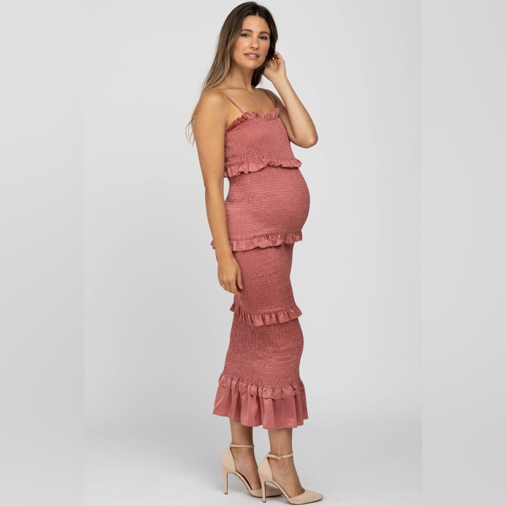 Pinkblush Rose Mauve Smocked Ruffle Midi Dress